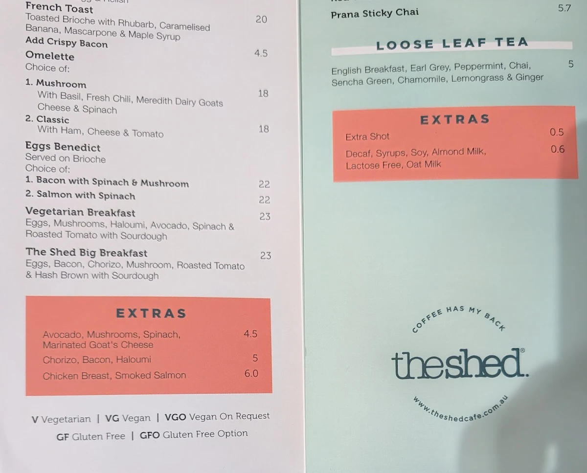 Menu, The Shed Cafe - Randwick