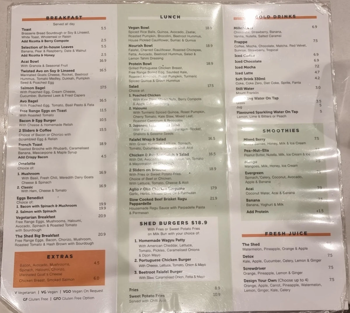 Menu, The Shed Cafe - Randwick