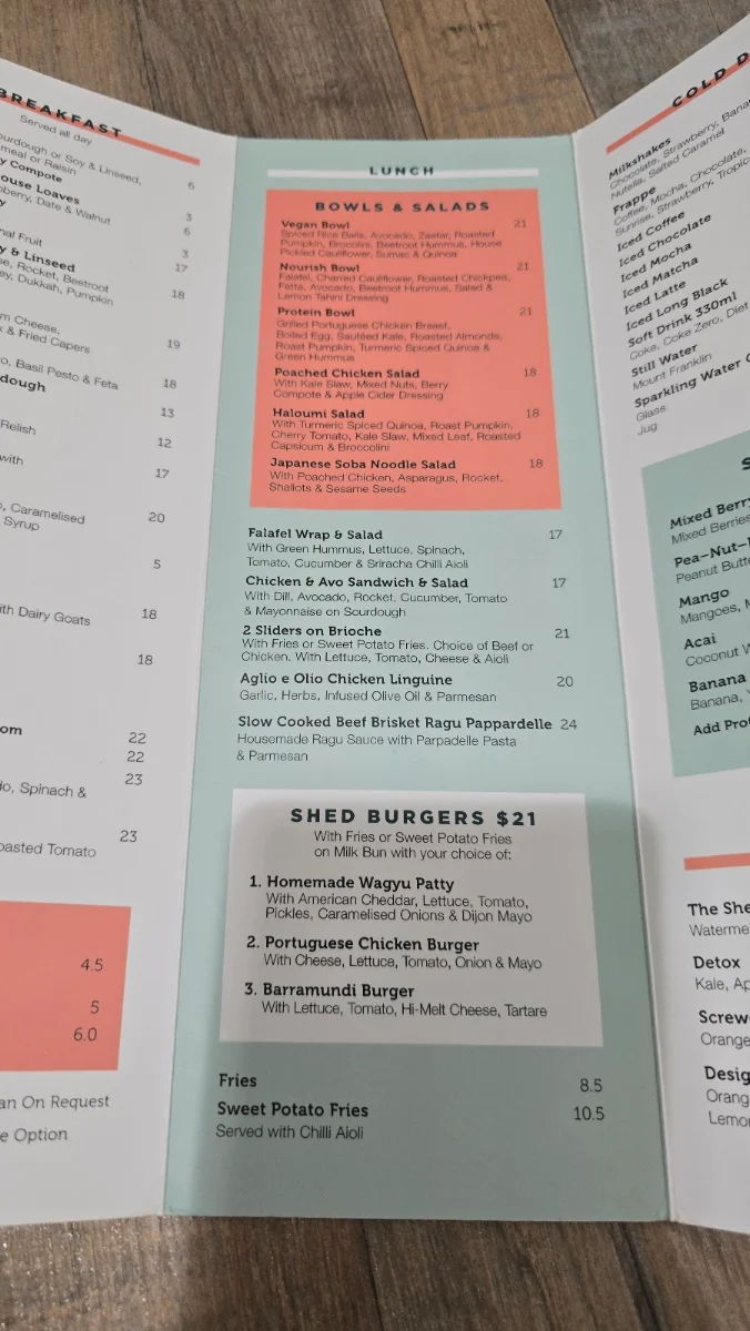 Menu, The Shed Cafe - Randwick