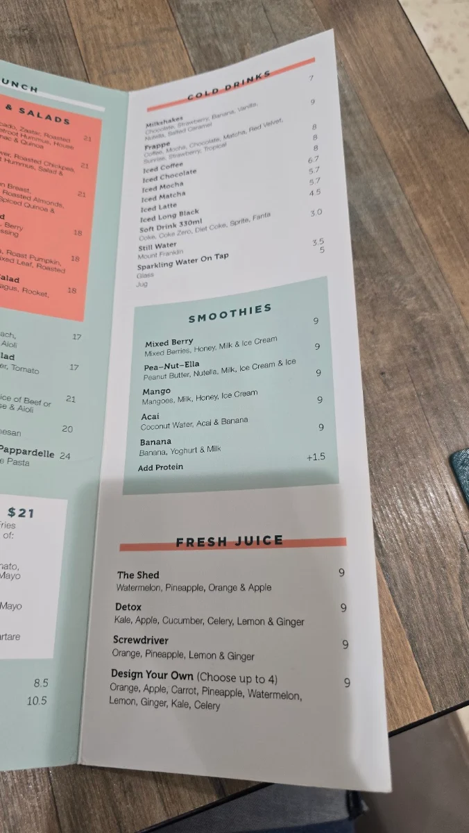 Menu, The Shed Cafe - Randwick