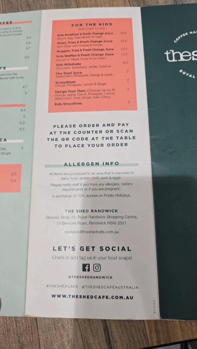 Menu, The Shed Cafe - Randwick