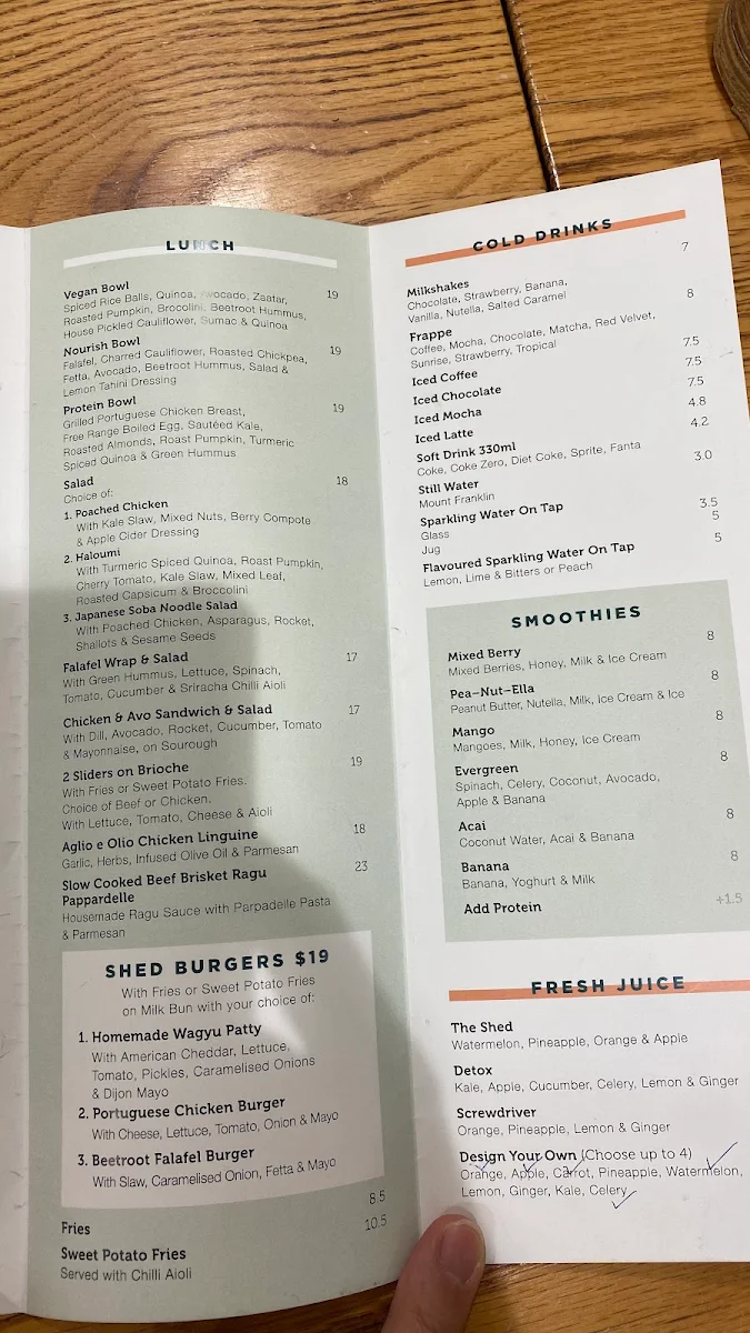 Menu, The Shed Cafe - Randwick