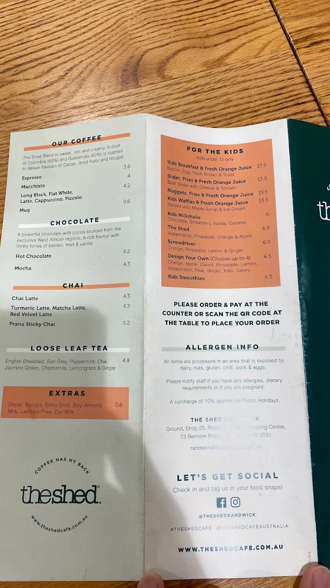 Menu, The Shed Cafe - Randwick