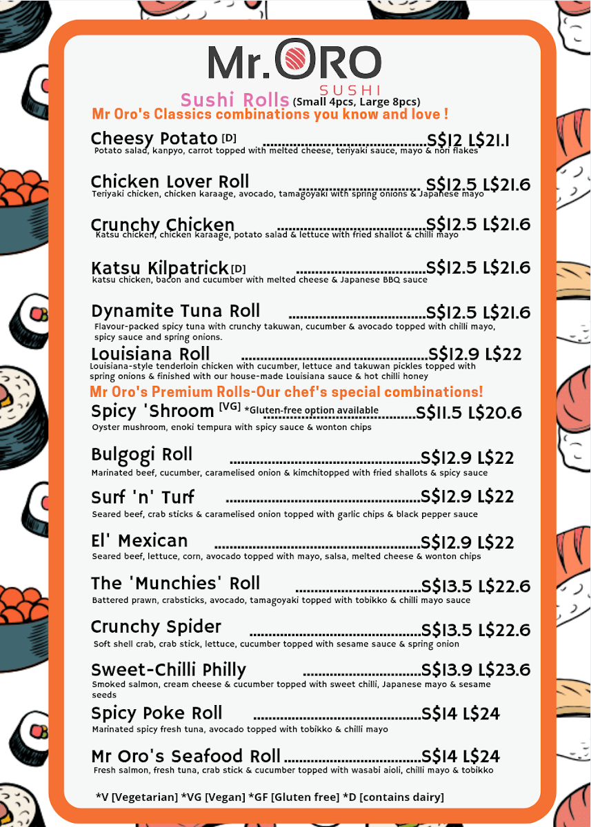 Menu, Mr Oro Sushi Mt Lawley
