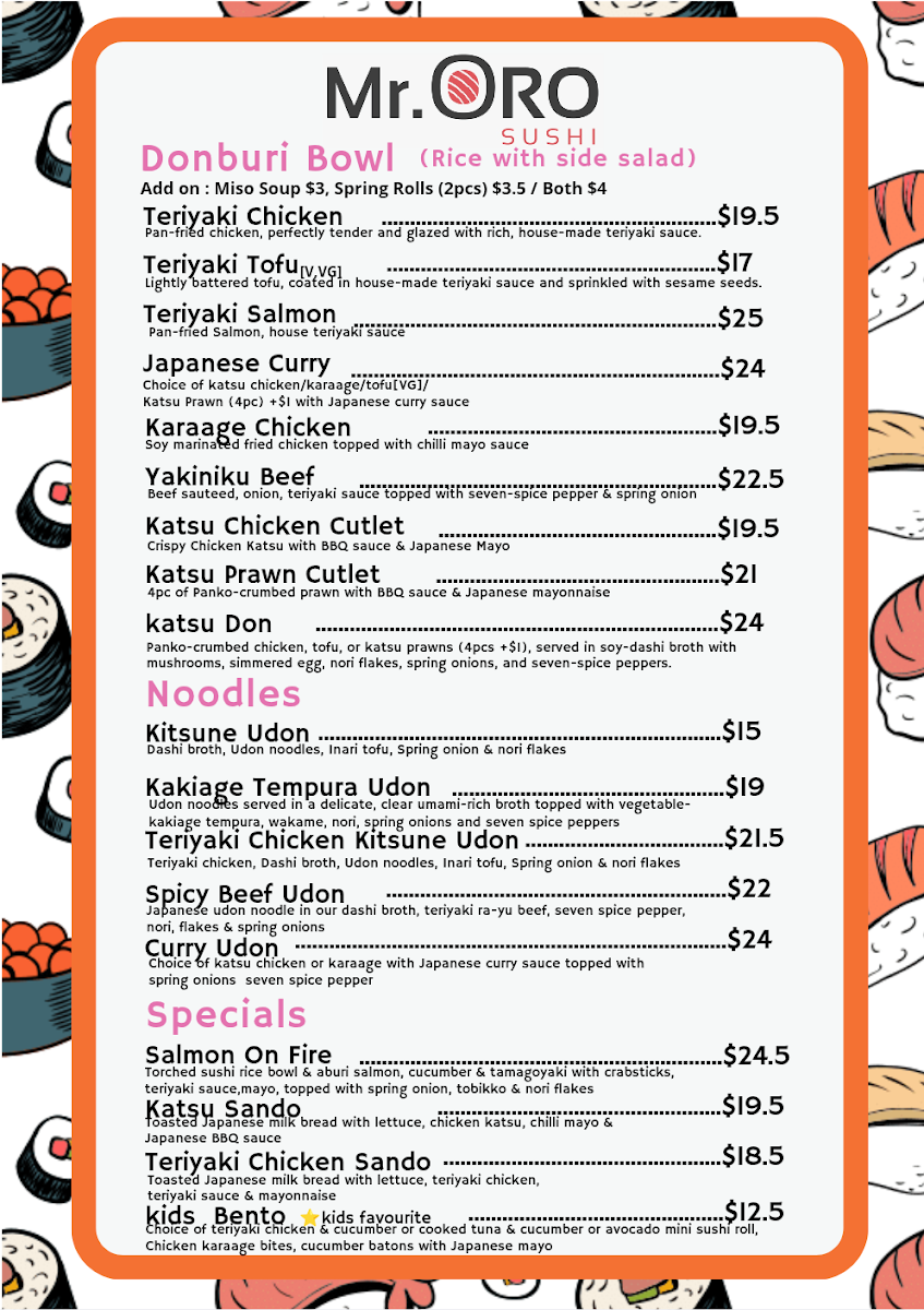 Menu, Mr Oro Sushi Mt Lawley