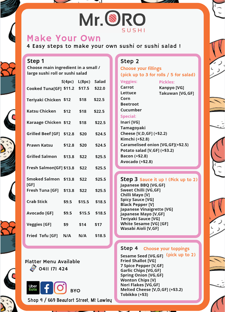 Menu, Mr Oro Sushi Mt Lawley