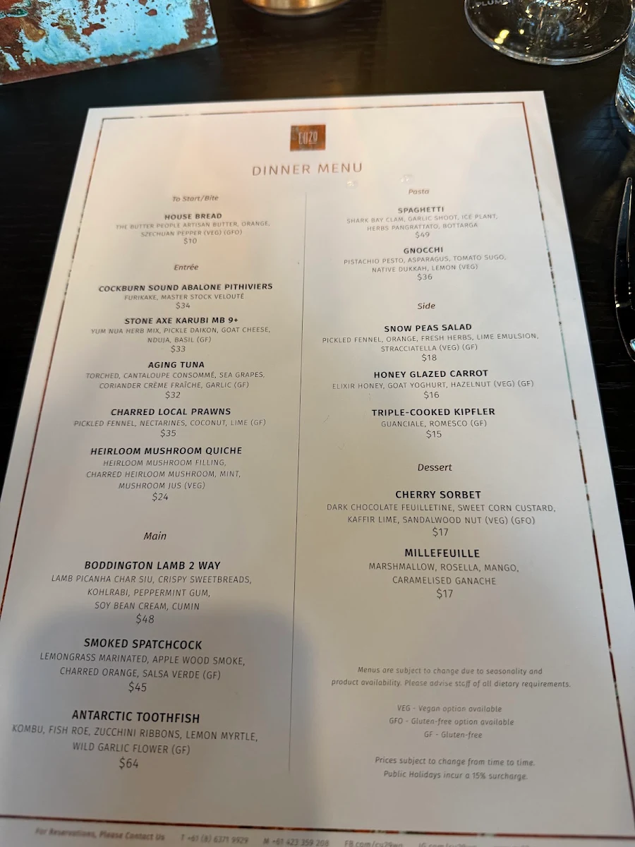 Menu, CU29 Restaurant & Bar
