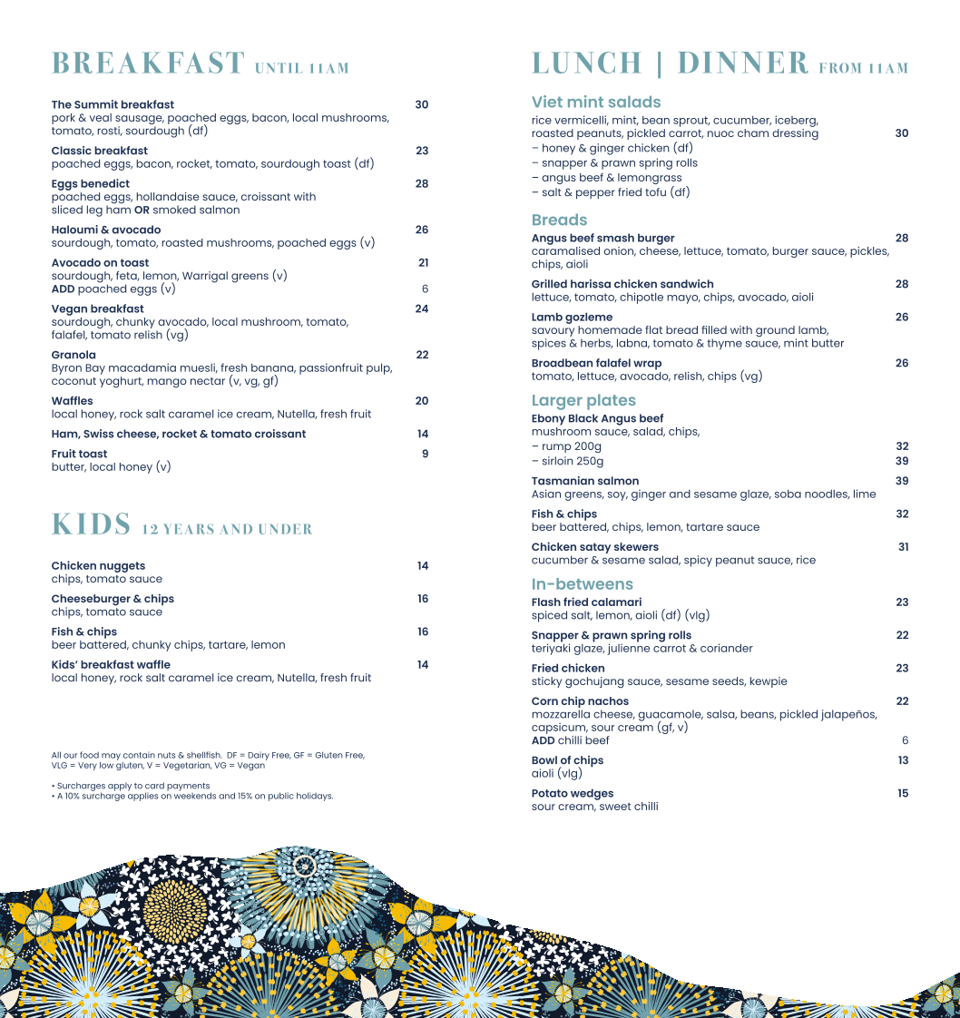 Menu, The Summit Cafe