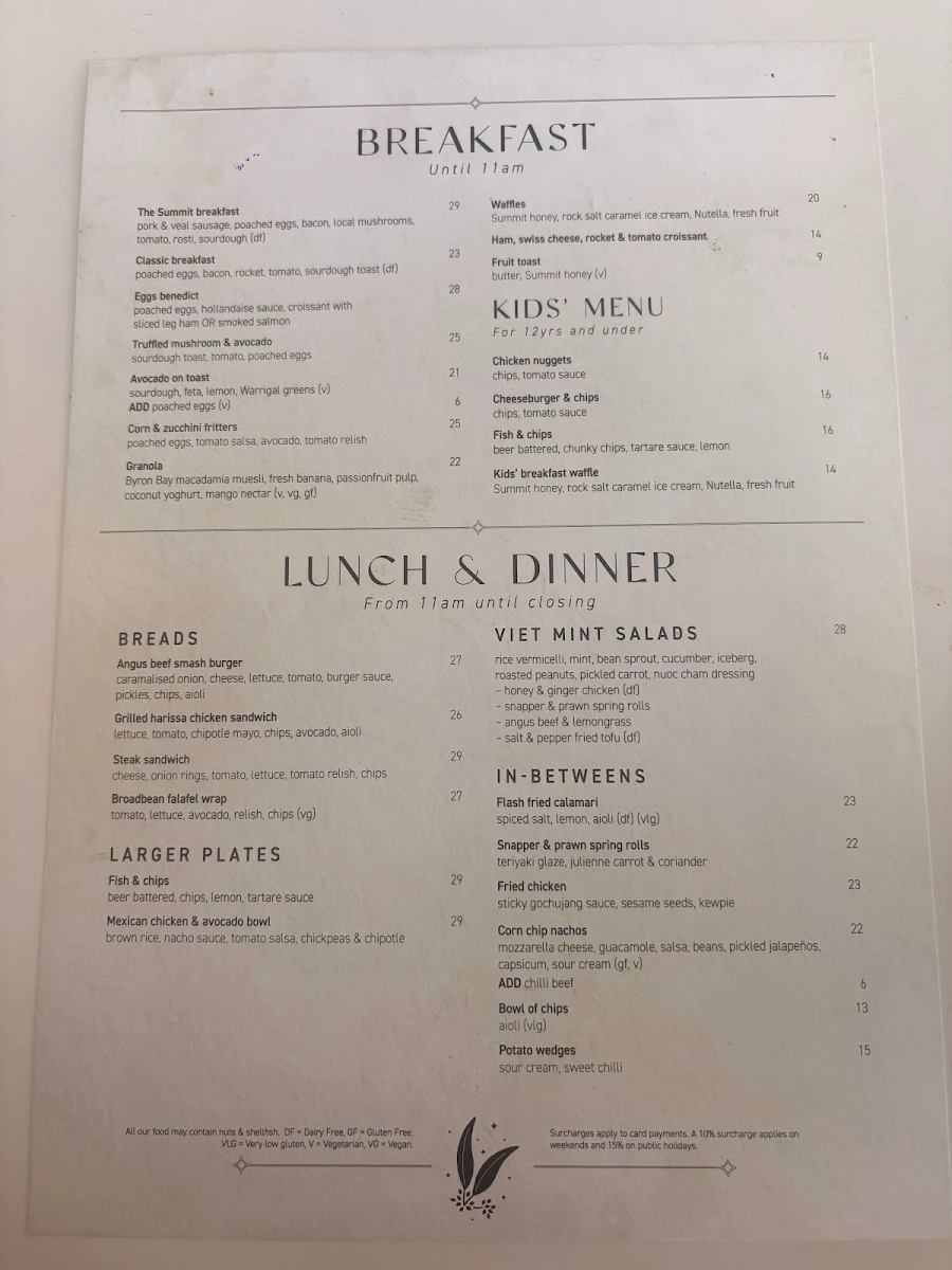 Menu, The Summit Cafe