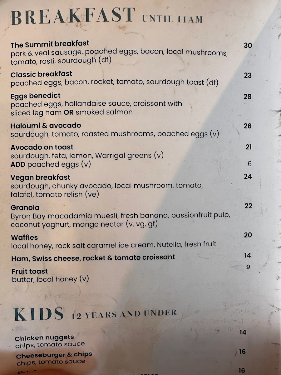 Menu, The Summit Cafe