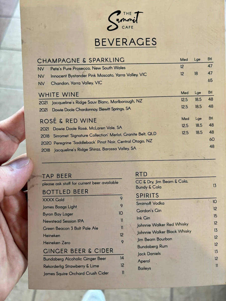 Menu, The Summit Cafe