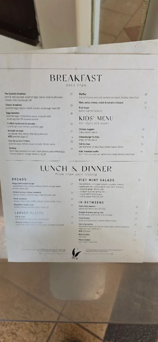 Menu, The Summit Cafe