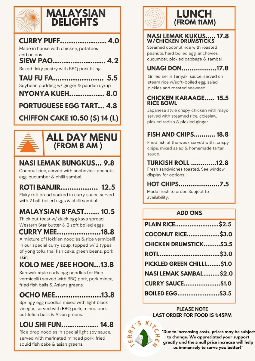 Menu, Terry's Kitchen