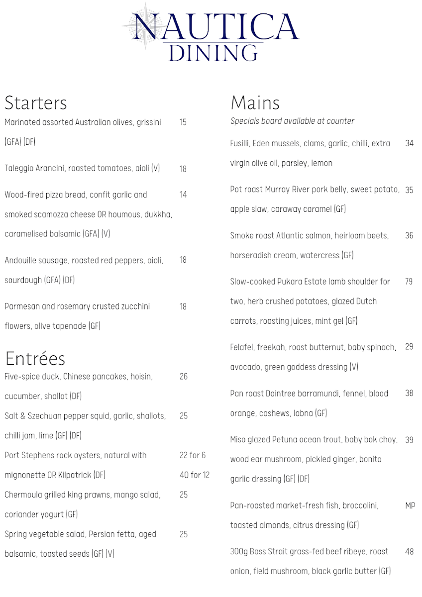 Menu, Nautica Dining