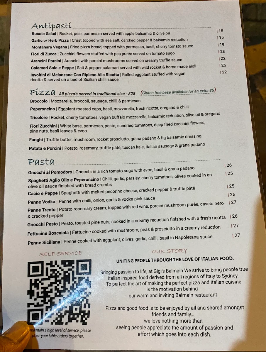 Menu, Gigi's Pizza Balmain
