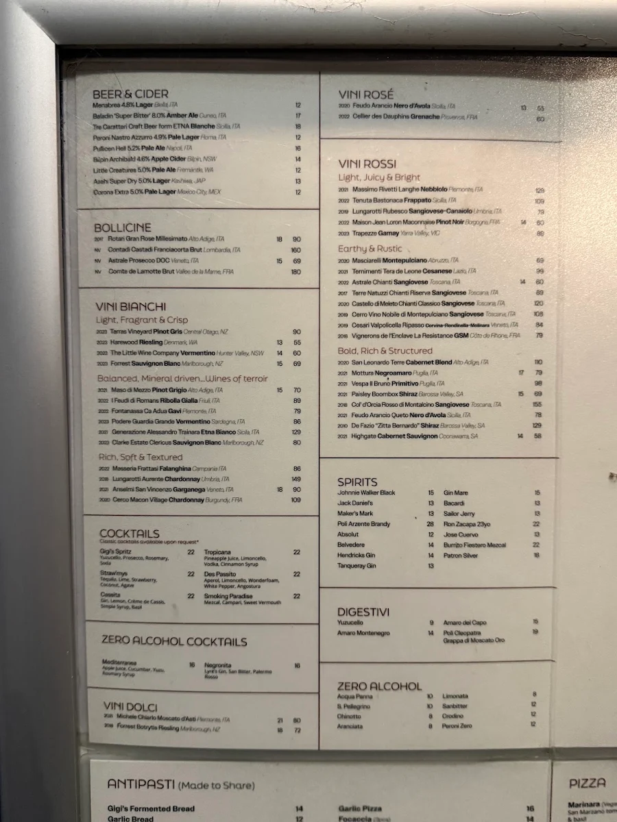 Menu, Gigi's Pizza Balmain
