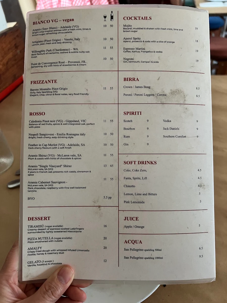 Menu, Gigi's Pizza Balmain
