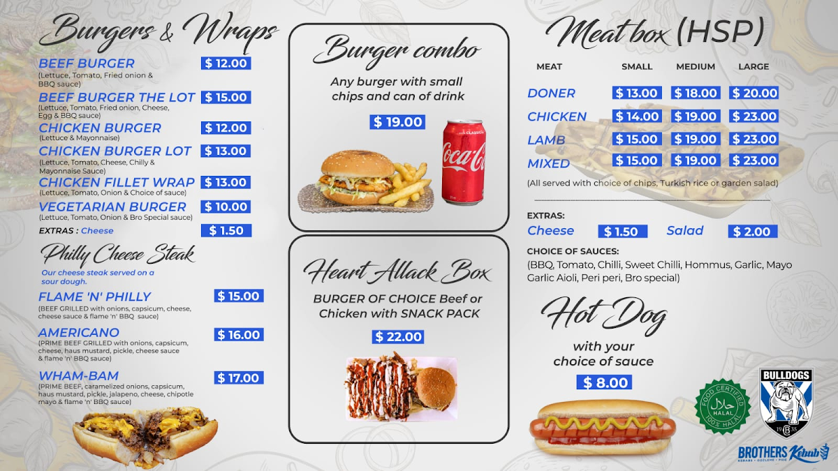 Menu, Brothers Kebab & Burgers Canterbury