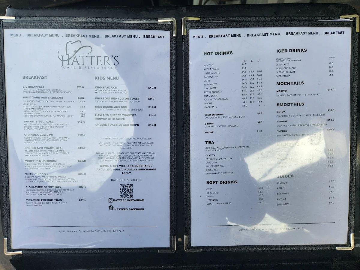 Menu, The Hatter's Cafe & Restaurant Katoomba