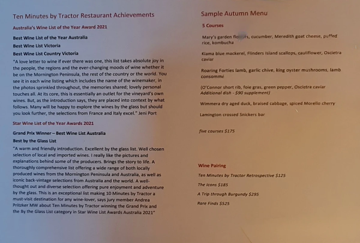 Menu, Ten Minutes by Tractor