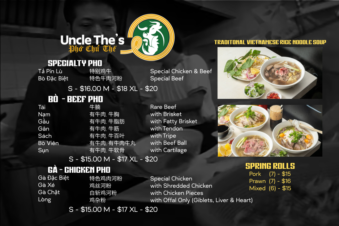 Menu, Phở Chú Thể - Uncle The's