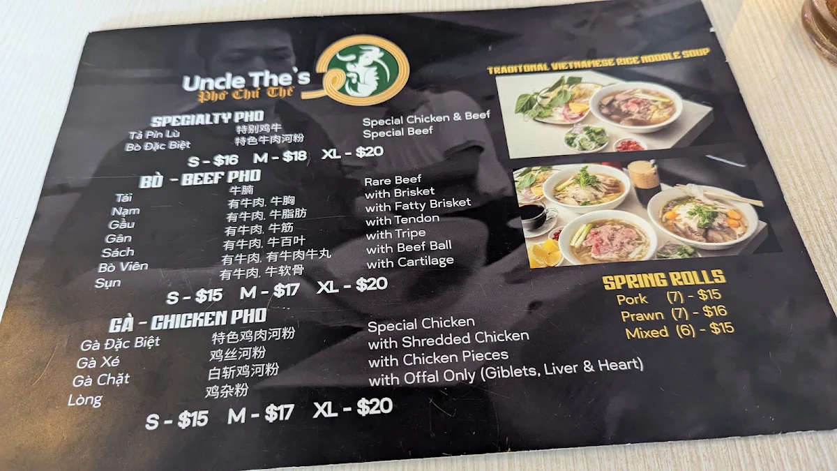 Menu, Phở Chú Thể - Uncle The's