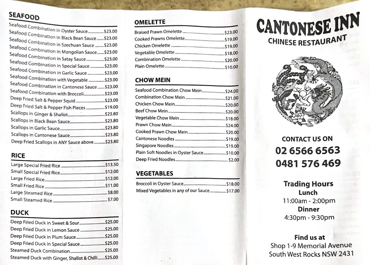 Menu, Cantonese Inn Chinese Restaurant & Takeaway