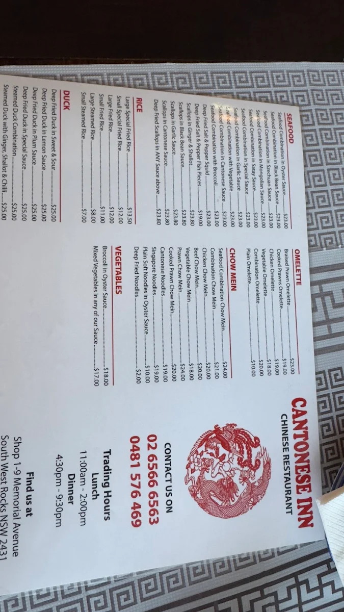 Menu, Cantonese Inn Chinese Restaurant & Takeaway