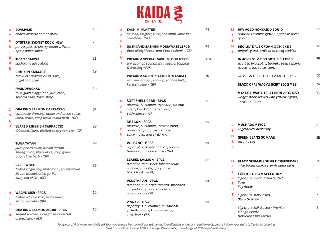 Menu, Kaida Little Dragon