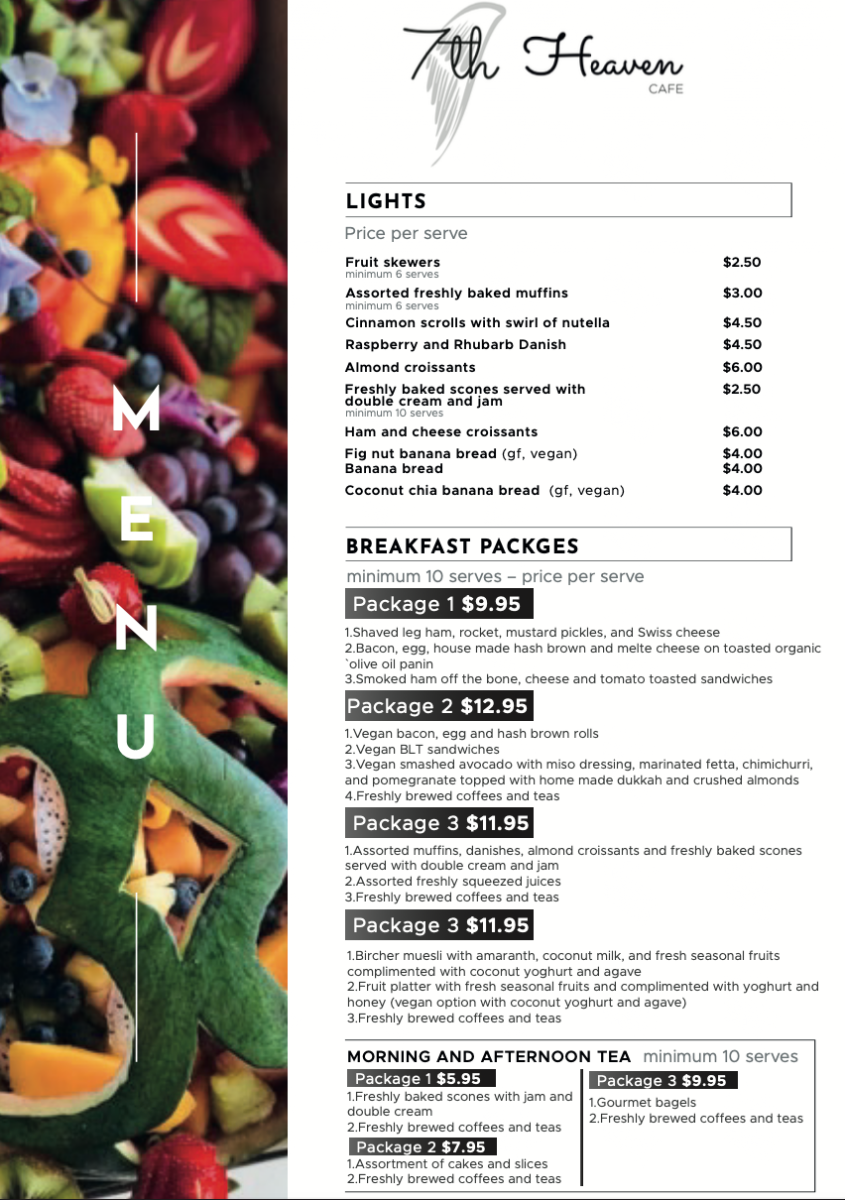 Menu, 7th Heaven Cafe Sutherland