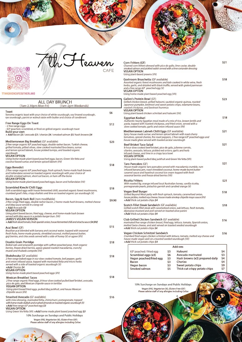 Menu, 7th Heaven Cafe Sutherland