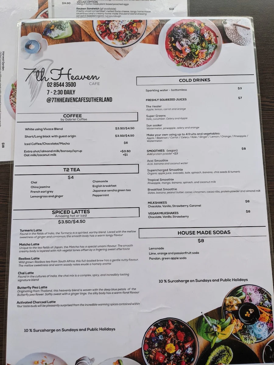 Menu, 7th Heaven Cafe Sutherland