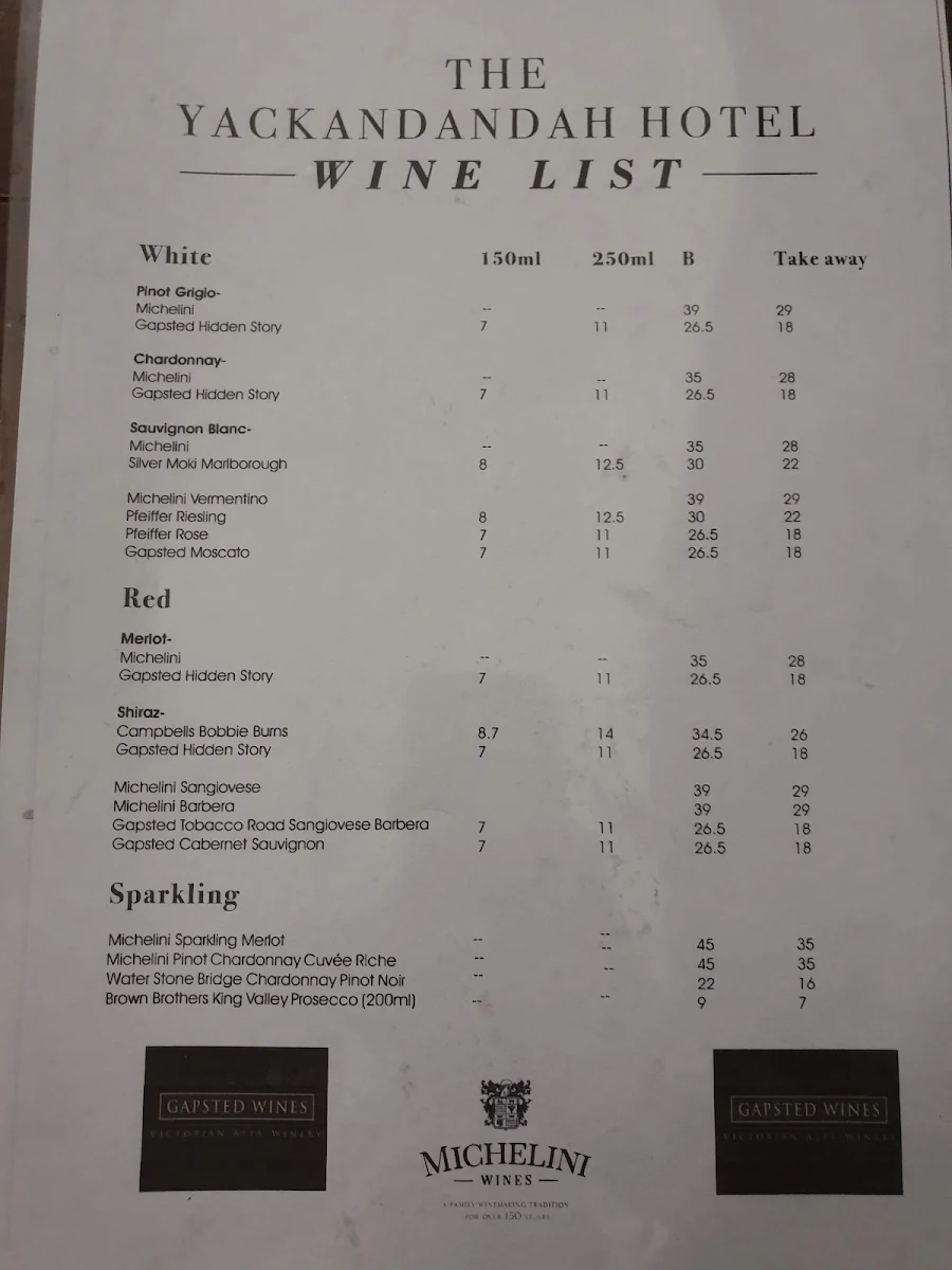 Menu, Yack Hotel