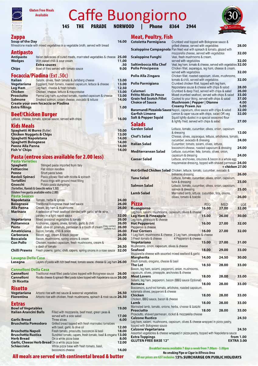 Menu, Caffe Buongiorno - Norwood