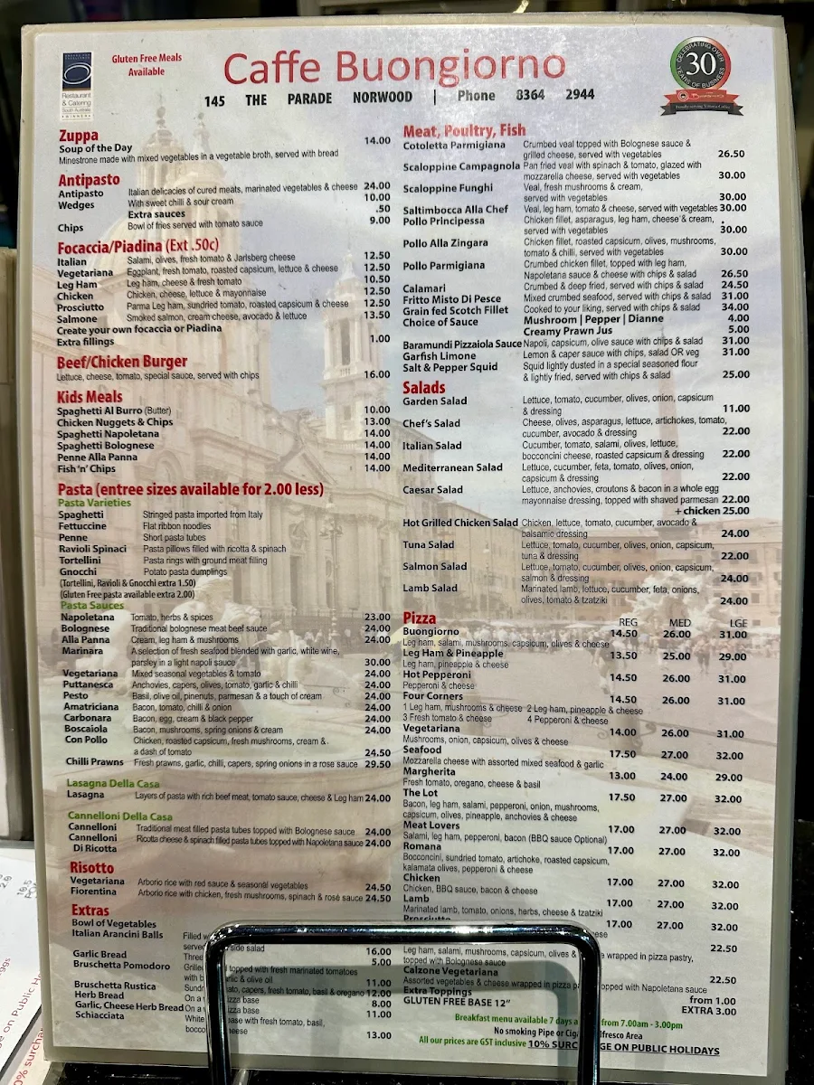 Menu, Caffe Buongiorno - Norwood