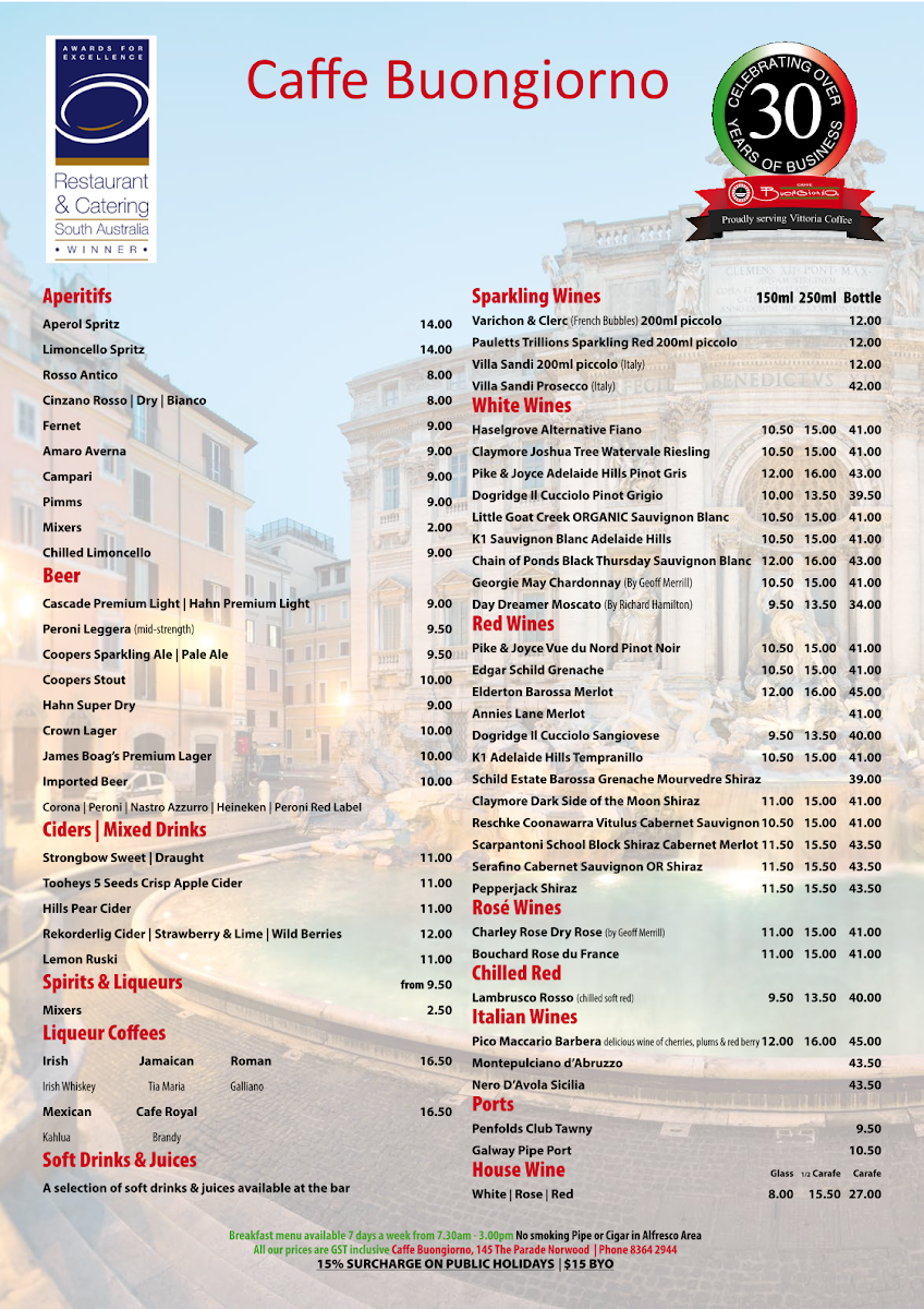 Menu, Caffe Buongiorno - Norwood