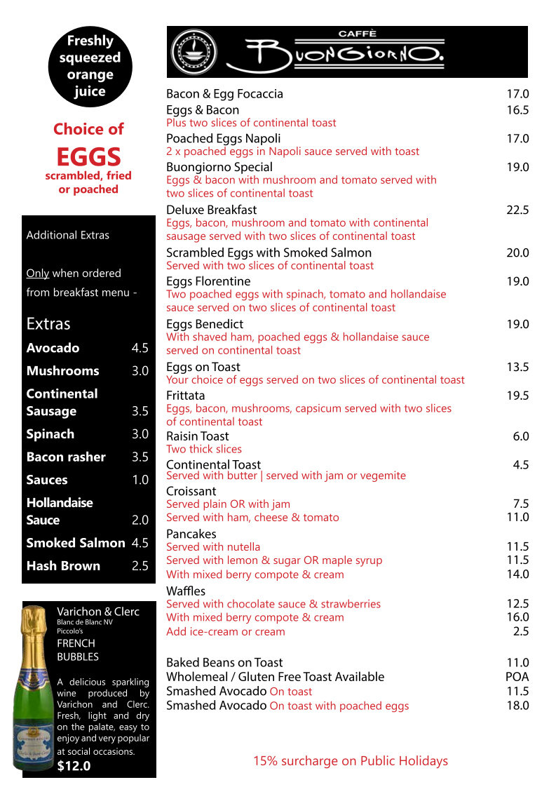 Menu, Caffe Buongiorno - Norwood