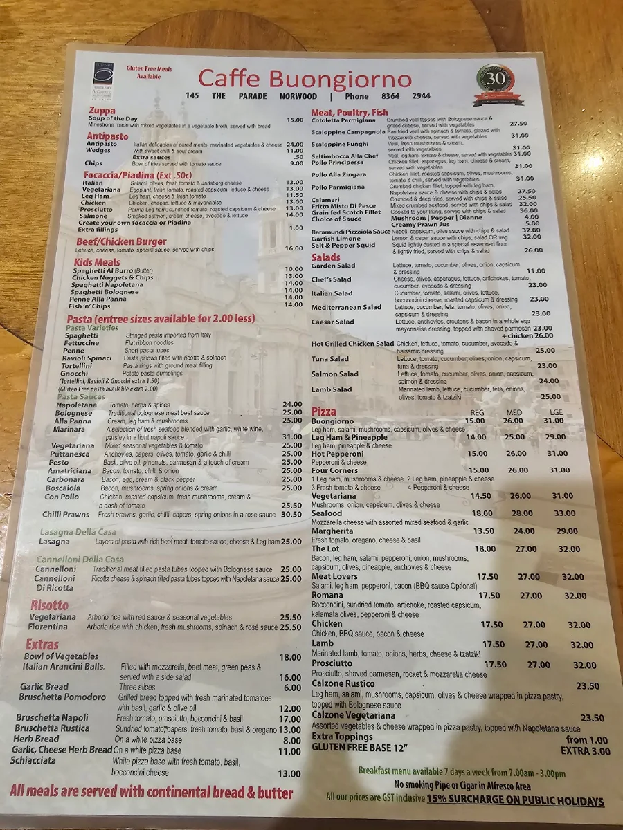 Menu, Caffe Buongiorno - Norwood