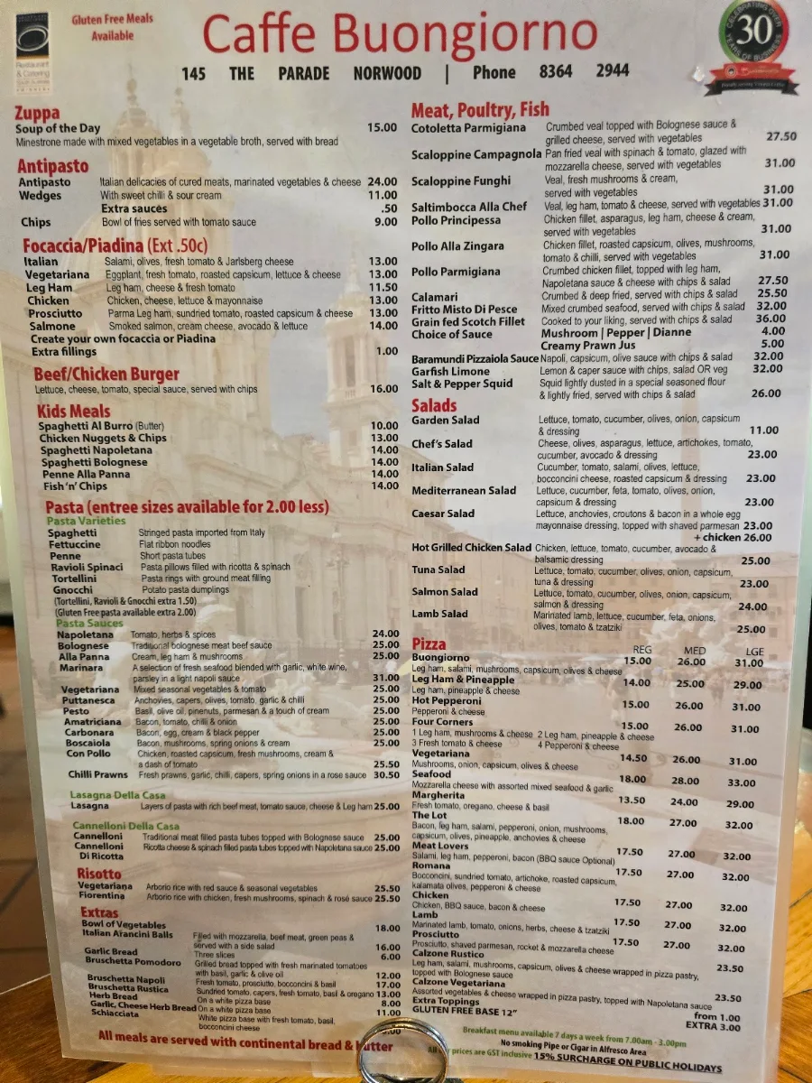Menu, Caffe Buongiorno - Norwood