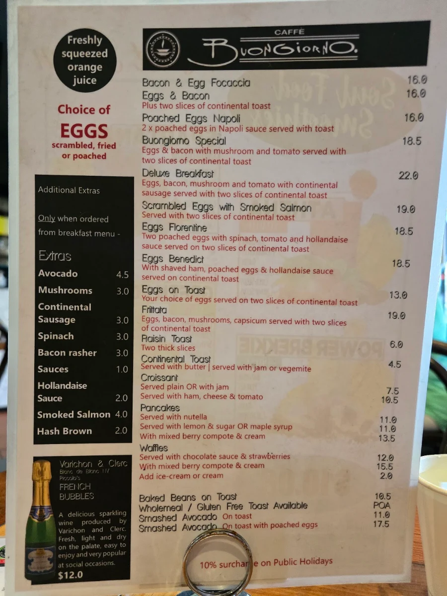 Menu, Caffe Buongiorno - Norwood