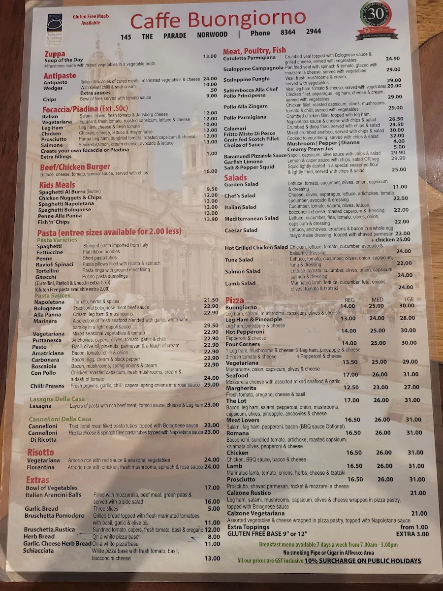Menu, Caffe Buongiorno - Norwood