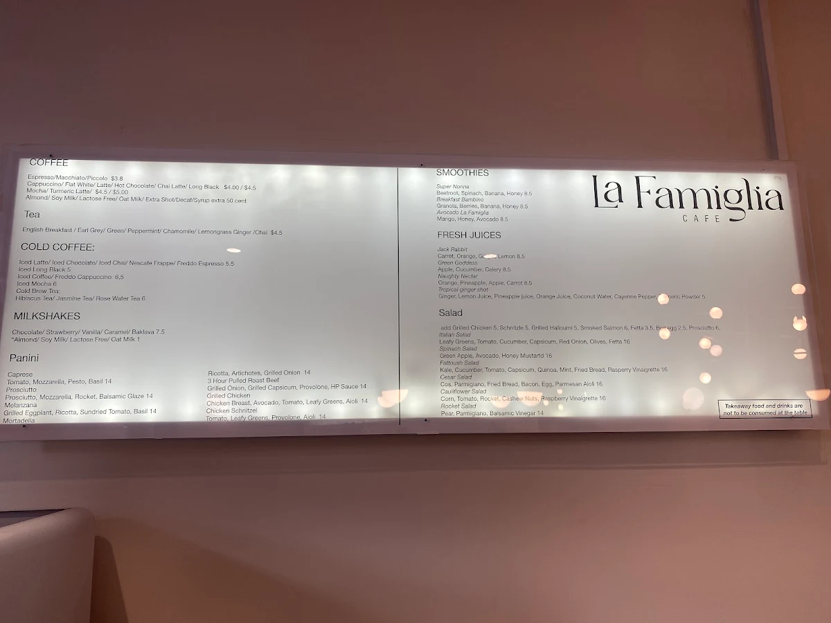 Menu, La Famiglia Cafe