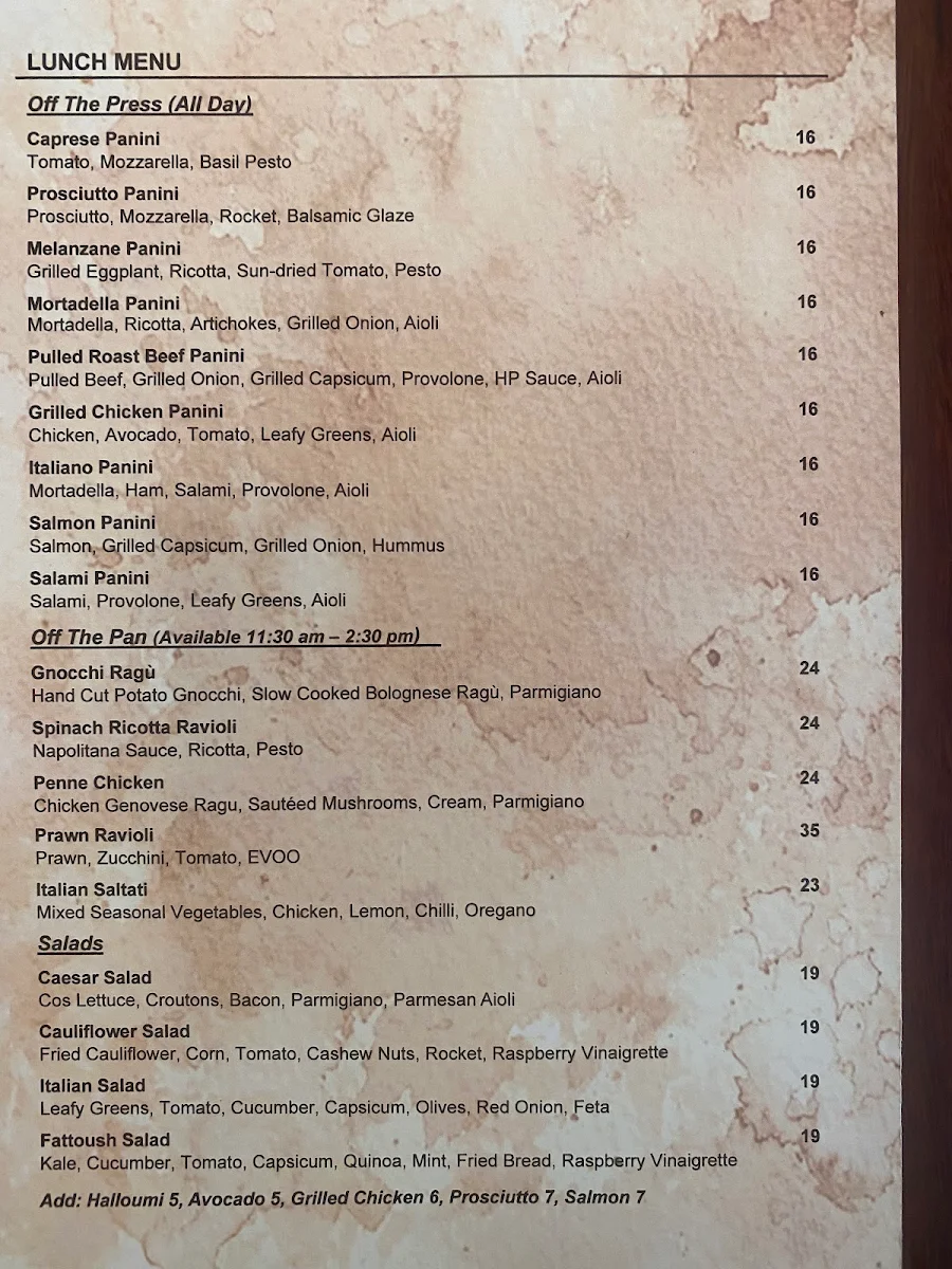Menu, La Famiglia Cafe
