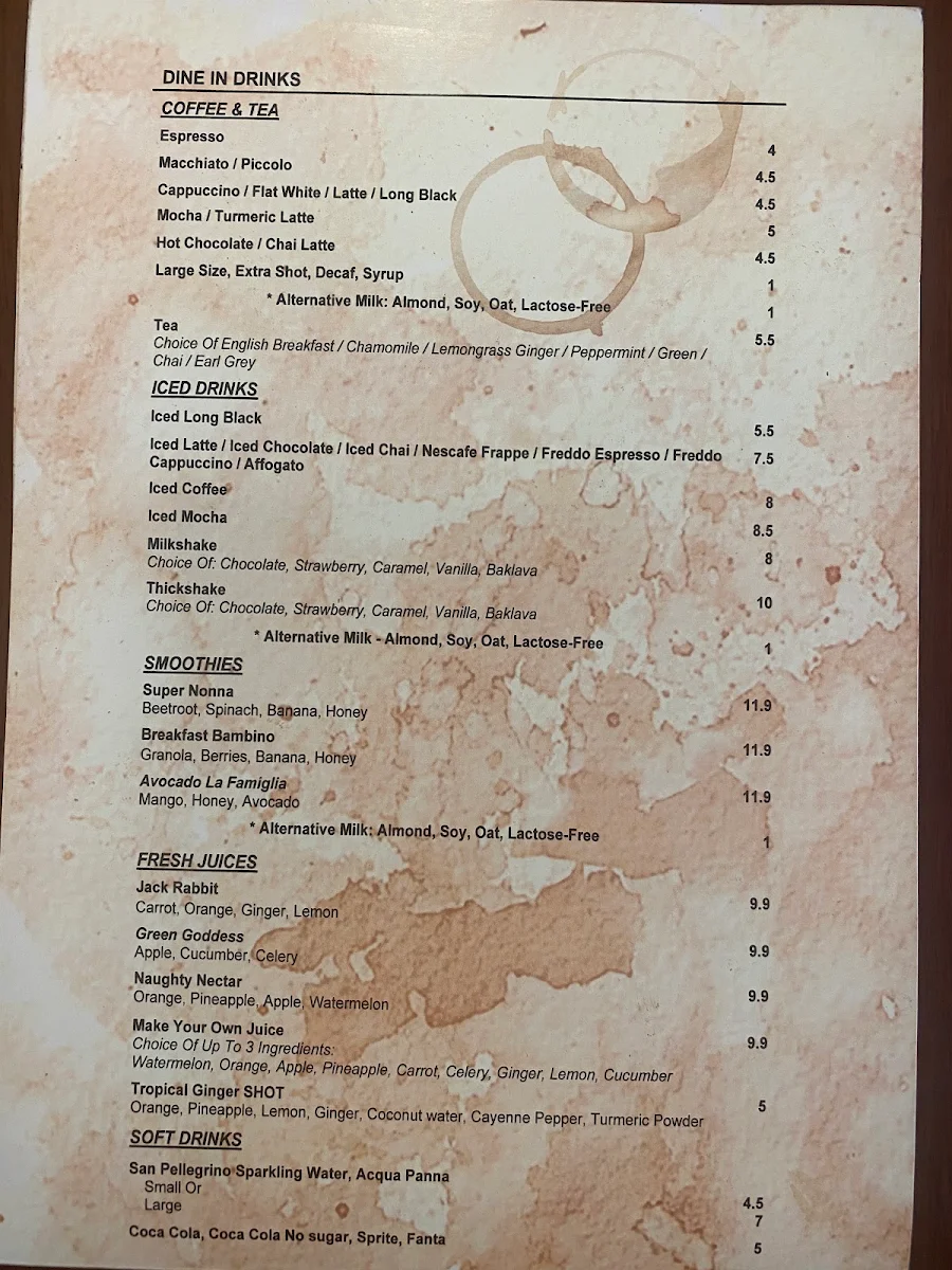 Menu, La Famiglia Cafe