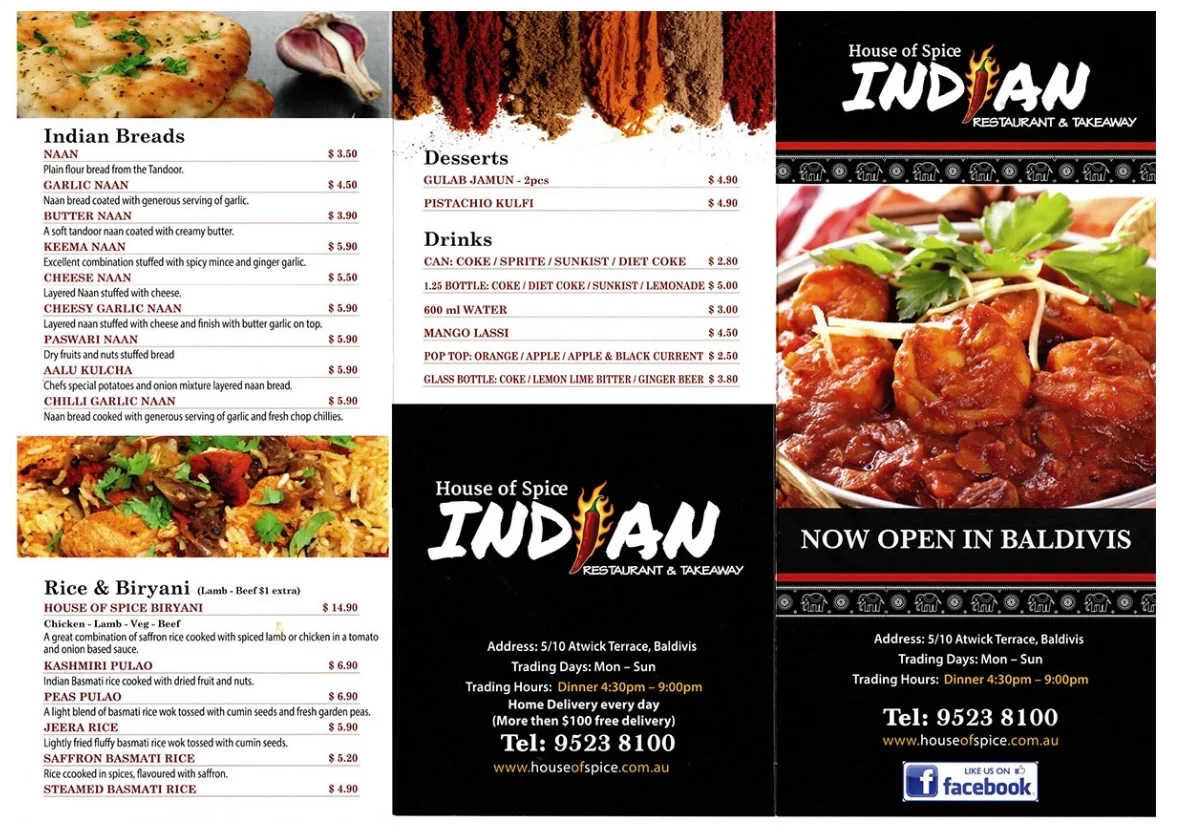 Menu, House of Spice Indian Restaurant