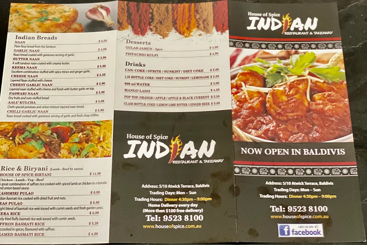Menu, House of Spice Indian Restaurant