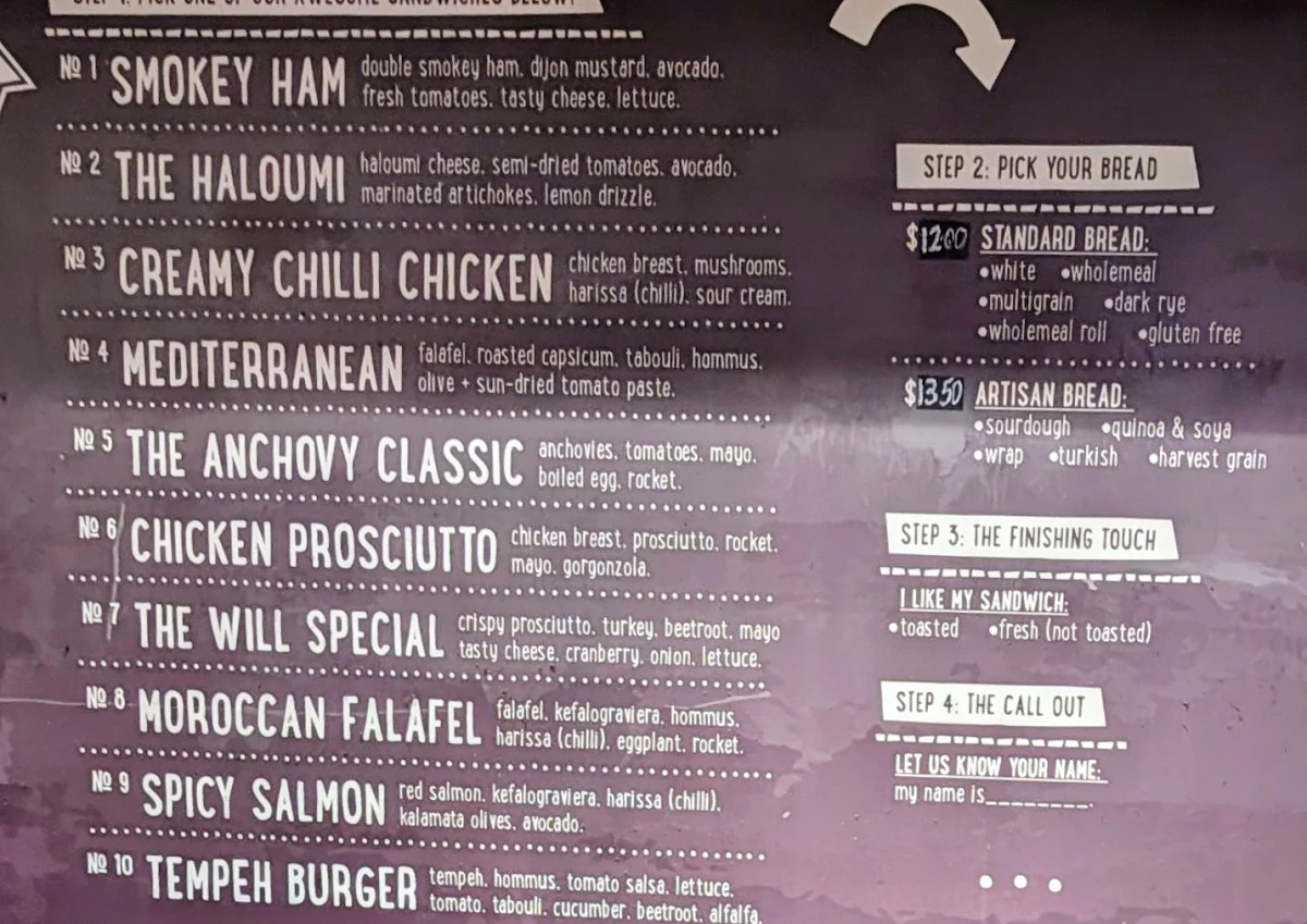 Menu, Hole in the Wall: Sandwich Factory