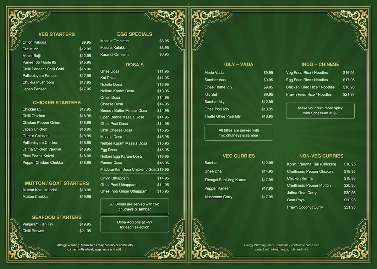 Menu, Just Dosa