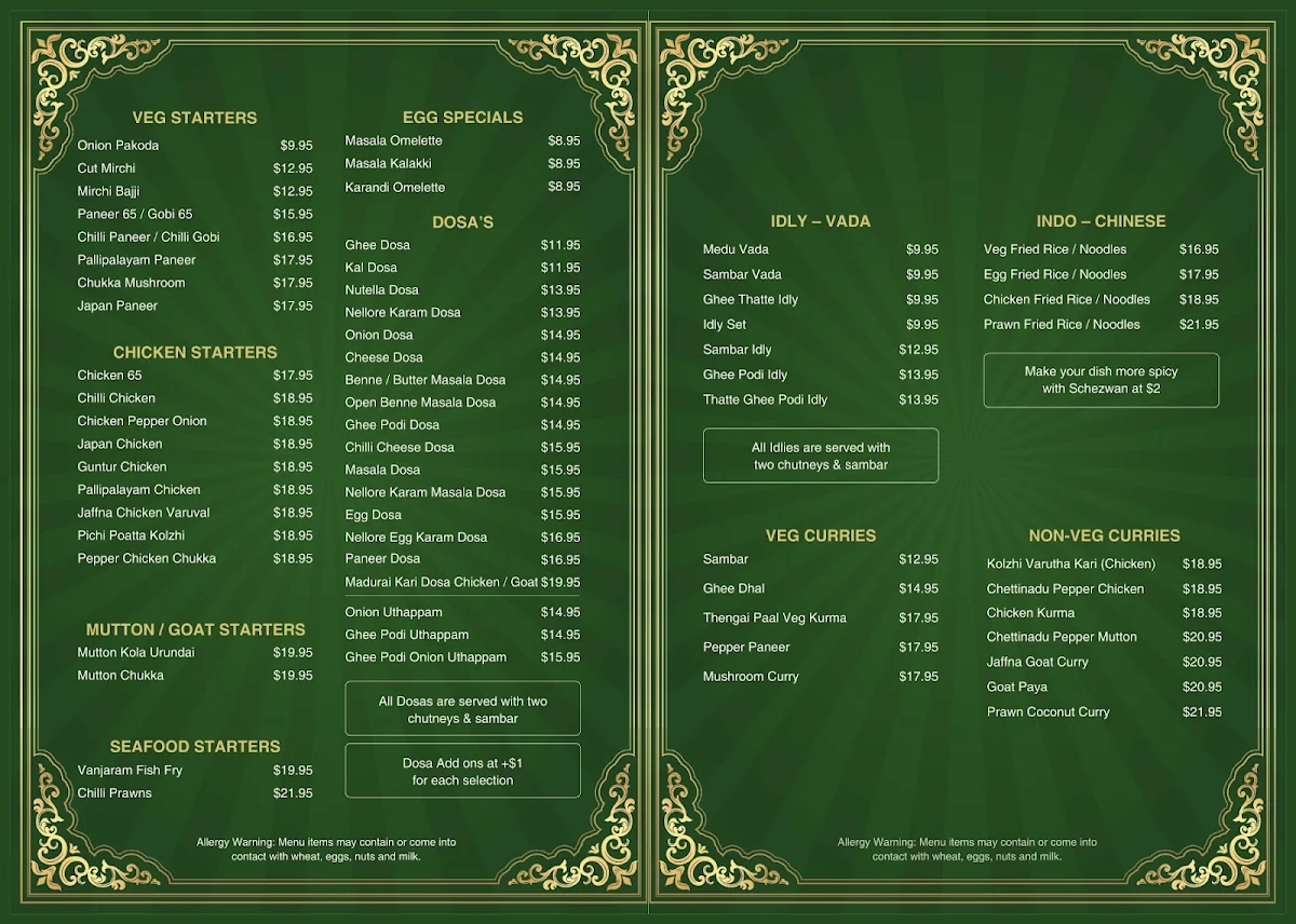 Menu, Just Dosa