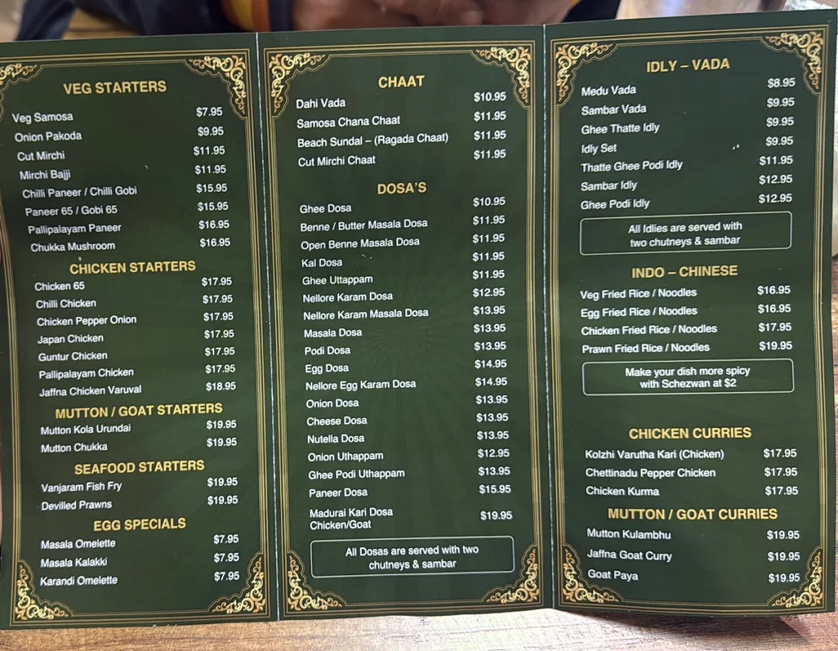 Menu, Just Dosa